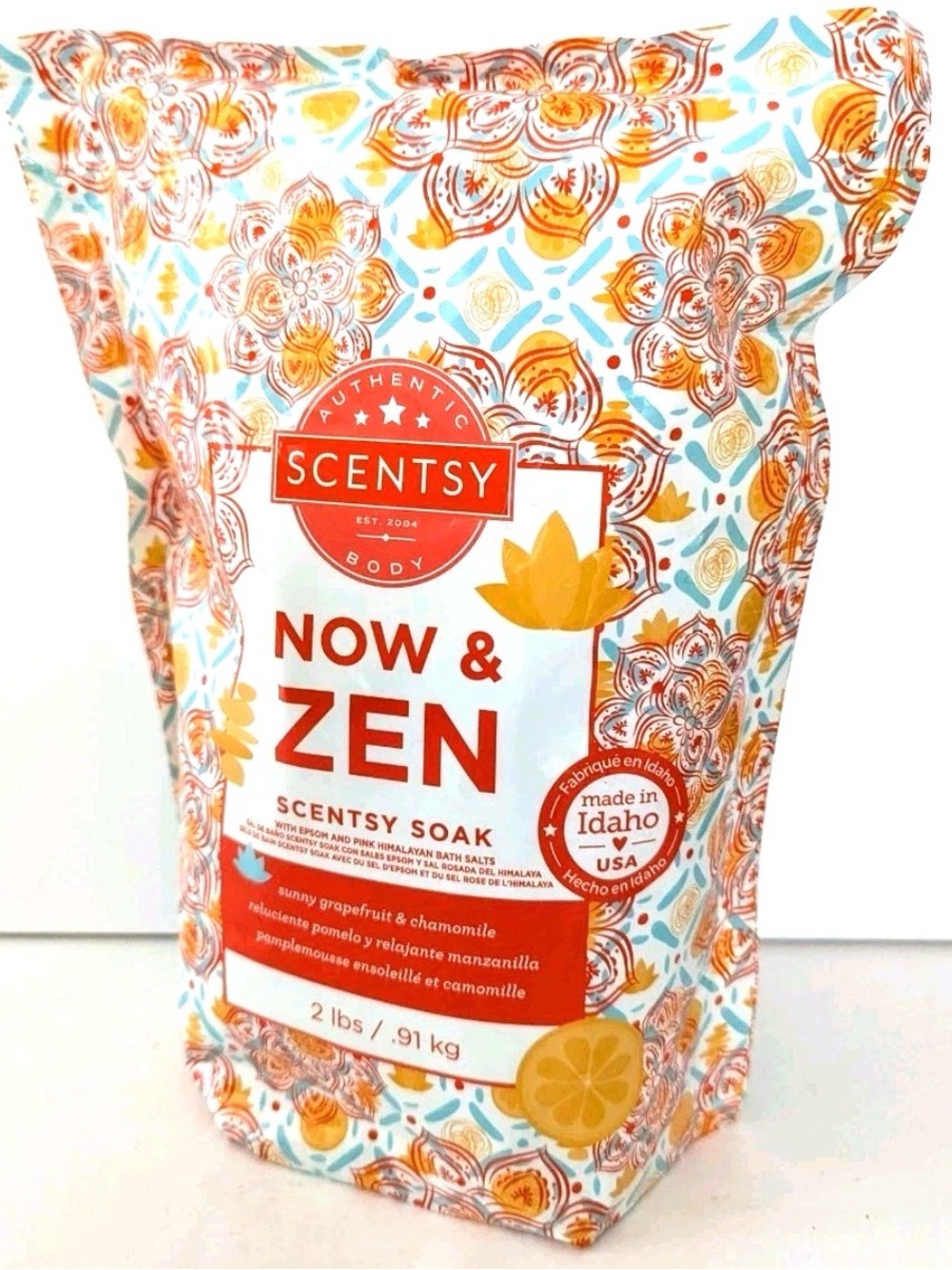 Scentsy Now & Zen Bath Soak - Orange, White, Blue Patterned Pouch